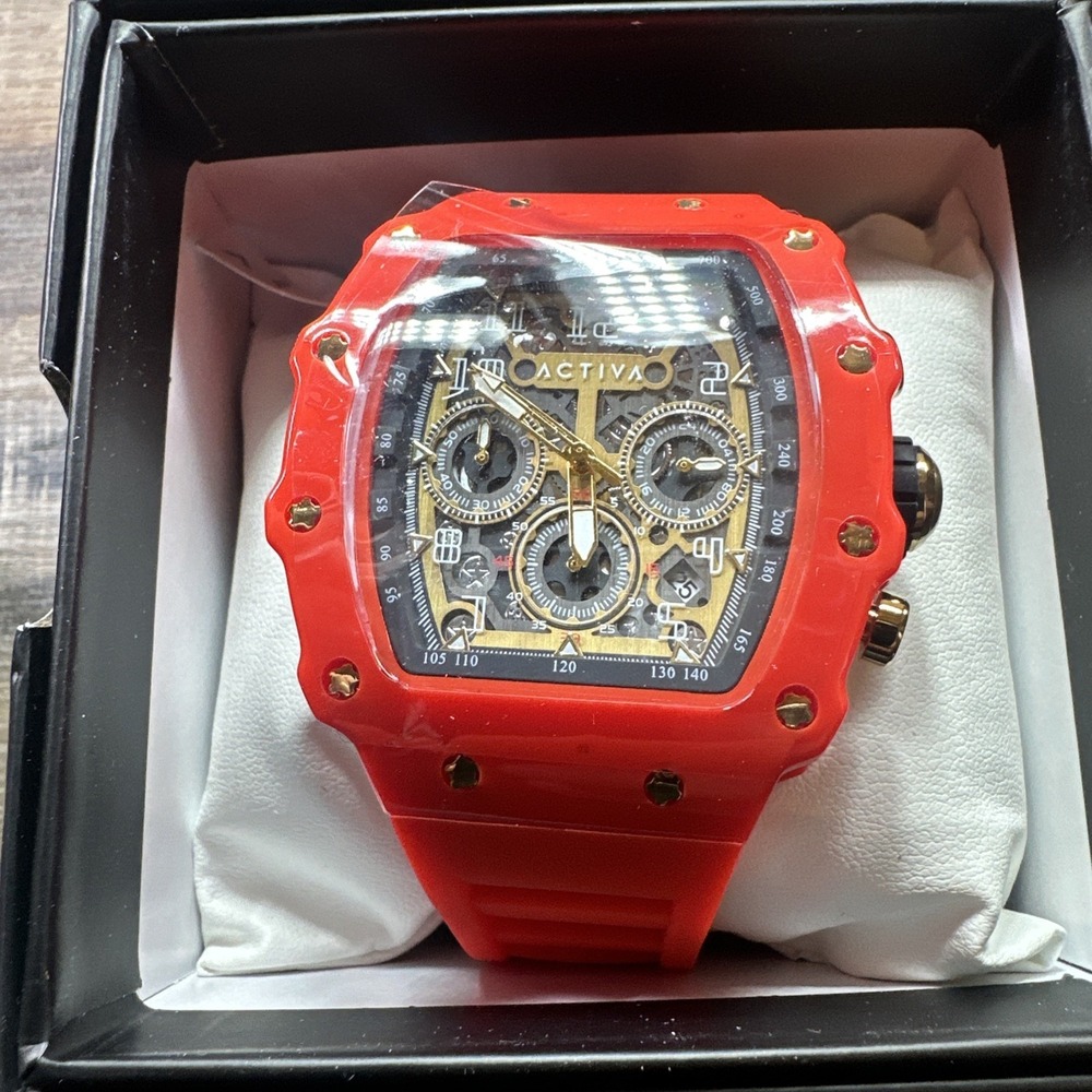 Activa Fury X Men's Quartz Skeleton Dial Red Silicone Band 44.3mm Wristwatch